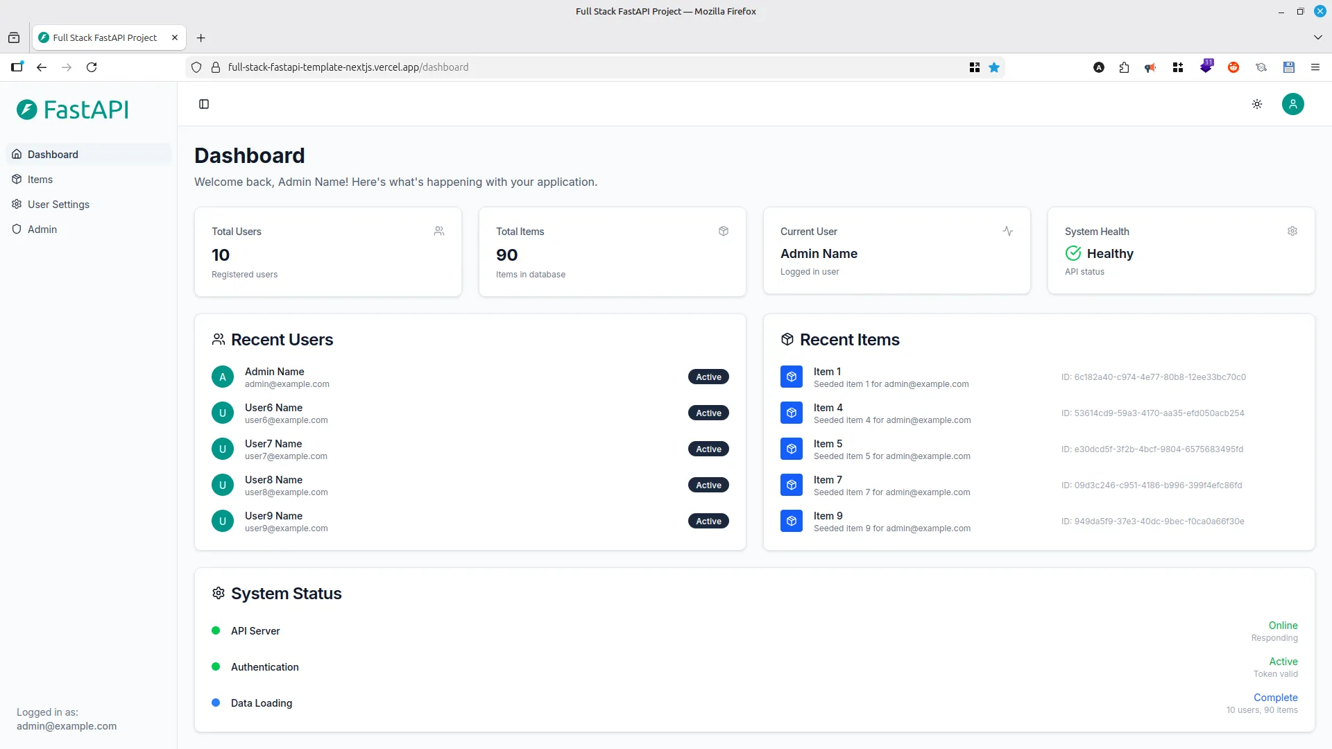 Dashboard page Full stack FastAPI template Next.js